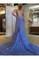 Best A-Line V-Neck Sleeveless Long Court Train Velvet Sequin Prom Dress with High Slit UK