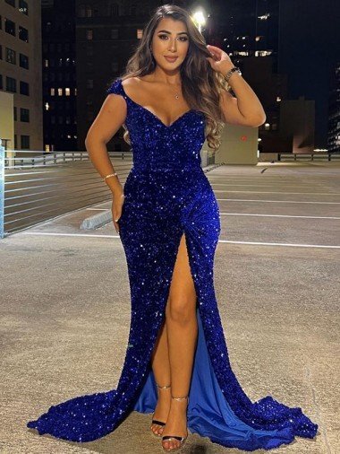 Best V-Neck Sleeveless Long Sweep Train Velvet Sequin Prom Dress with Slit UK