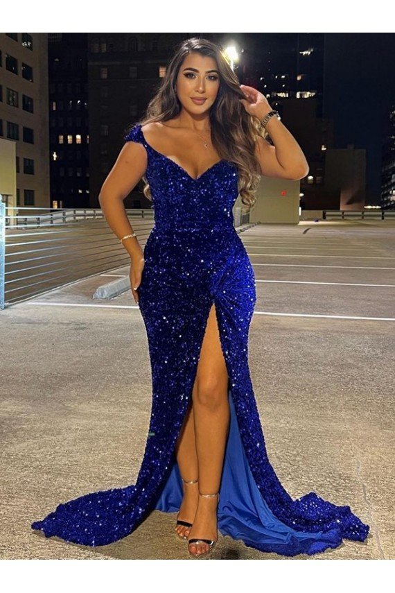 Best V-Neck Sleeveless Long Sweep Train Velvet Sequin Prom Dress with Slit UK