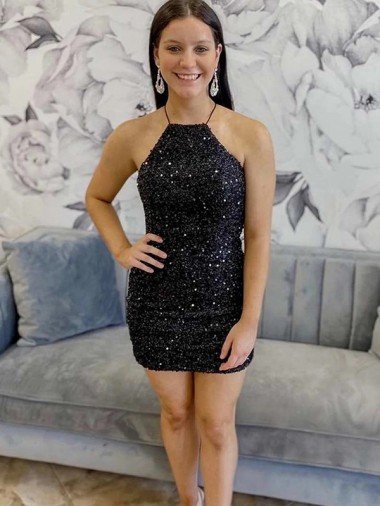 Best Halter Sleeveless Short Velvet Sequin Prom Dress UK
