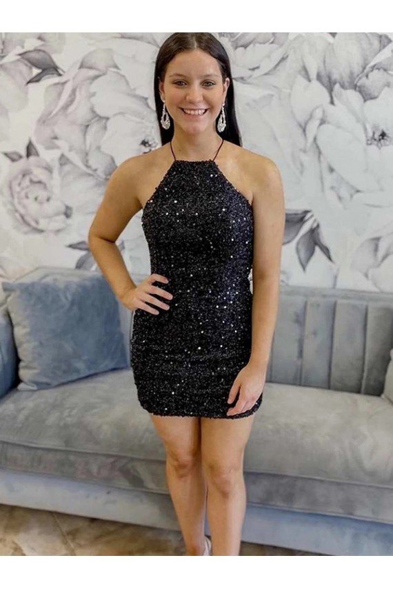 Best Halter Sleeveless Short Velvet Sequin Prom Dress UK