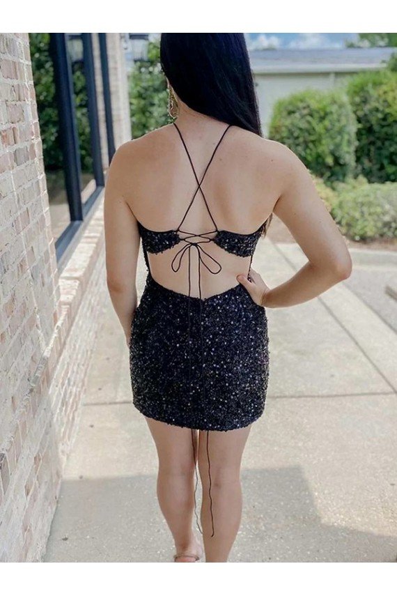 Best Halter Sleeveless Short Velvet Sequin Prom Dress UK