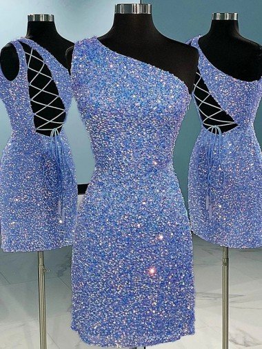 Best Short Velvet Sequin One Shoulder Sleeveless Prom Dress UK
