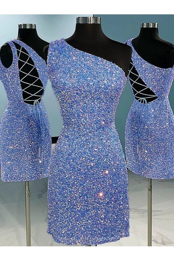 Best Short Velvet Sequin One Shoulder Sleeveless Prom Dress UK
