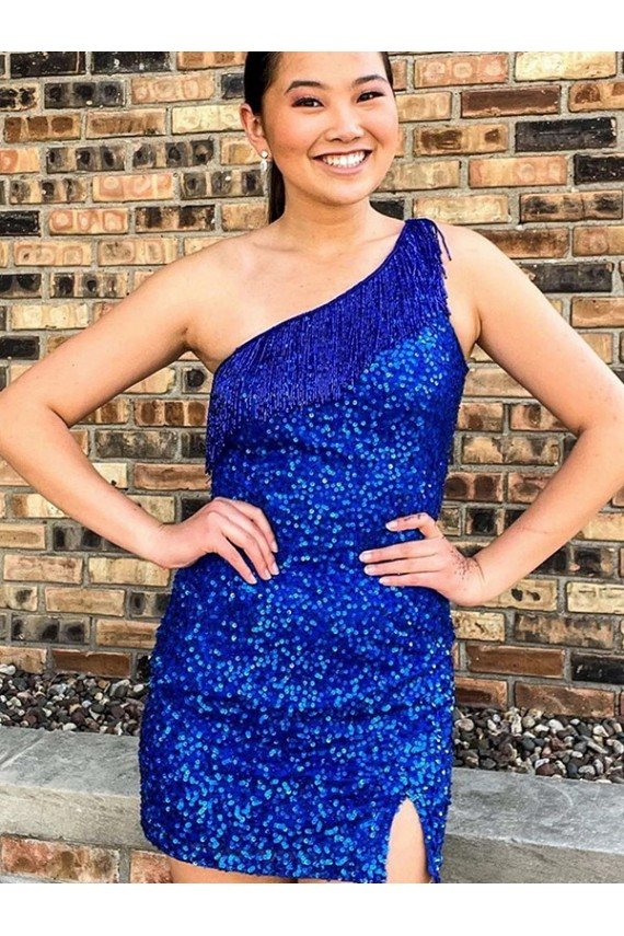 Best One Shoulder Sleeveless Short Velvet Sequin Royal Blue Prom Dress UK