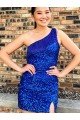 Best One Shoulder Sleeveless Short Velvet Sequin Royal Blue Prom Dress UK