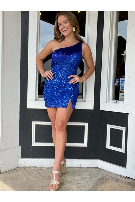 Best One Shoulder Sleeveless Short Velvet Sequin Royal Blue Prom Dress UK