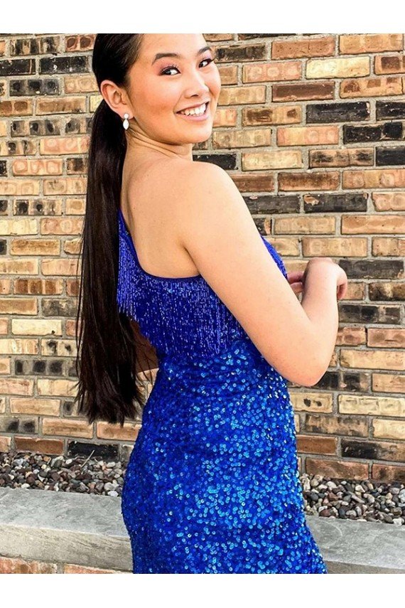 Best One Shoulder Sleeveless Short Velvet Sequin Royal Blue Prom Dress UK