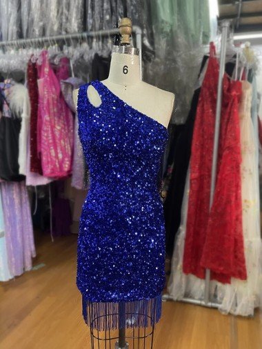 Best One Shoulder Keyhole Sleeveless Short Velvet Sequin Prom Dress UK