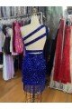 Best One Shoulder Keyhole Sleeveless Short Velvet Sequin Prom Dress UK