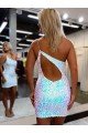 Best One Shoulder Keyhole Back Sleeveless Short Velvet Sequin Prom Dress UK