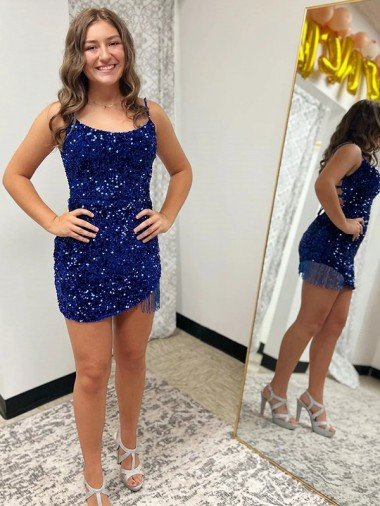 Best Spaghetti Straps Backless Sleeveless Short Velvet Sequin Prom Dress UK
