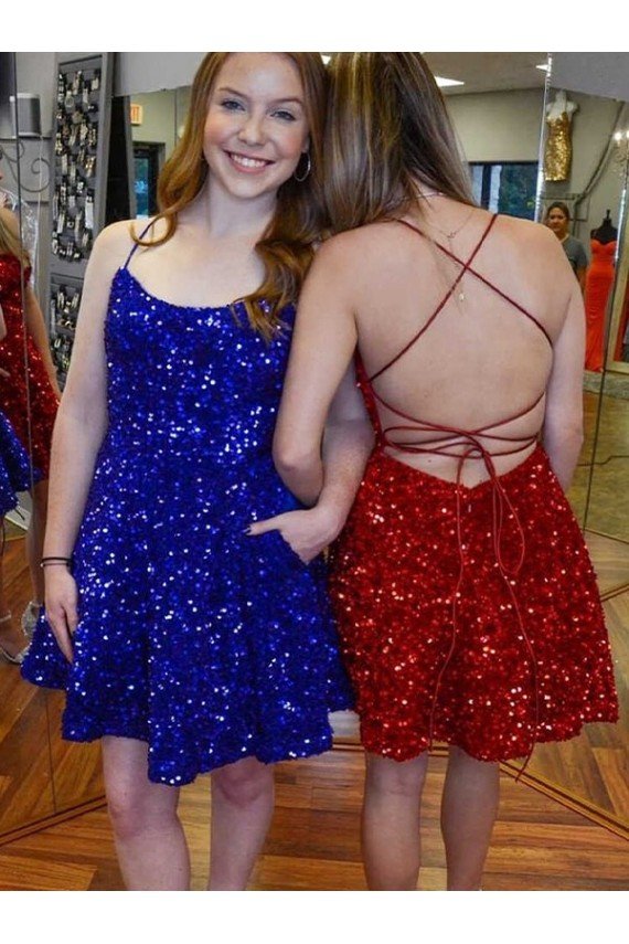Best A-Line Spaghetti Straps Sleeveless Short Velvet Sequin Prom Dress UK