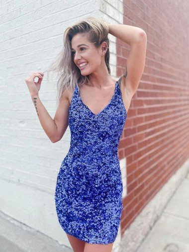 Best Short Velvet Sequin V-Neck Sleeveless Prom Dress UK