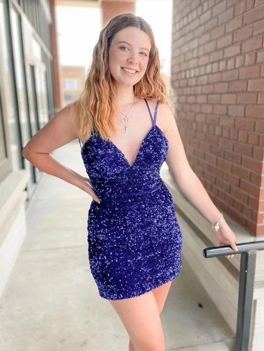 Best Sleeveless Short Velvet Sequin V-Neck Prom Dress UK