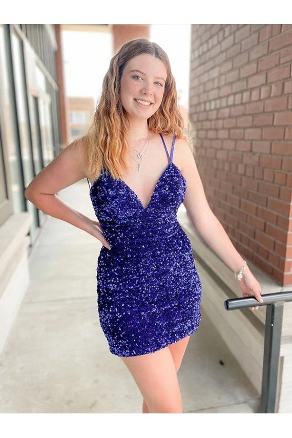 Best Sleeveless Short Velvet Sequin V-Neck Prom Dress UK