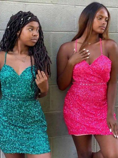 Best V-Neck Sleeveless Short Velvet Sequin Cocktail Dress UK