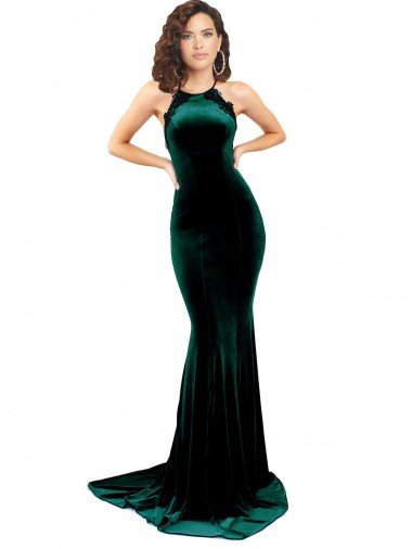 Best High Neck Stretch Velvet Prom Dress with Black Lace Embroidery UK