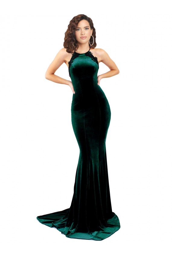 Best High Neck Stretch Velvet Prom Dress with Black Lace Embroidery UK