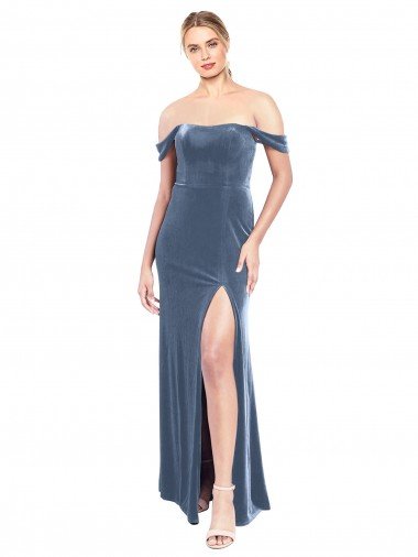 Best Draped Sleeves Wide Scoop Neck Off the Shoulder Velvet Prom Dress UK