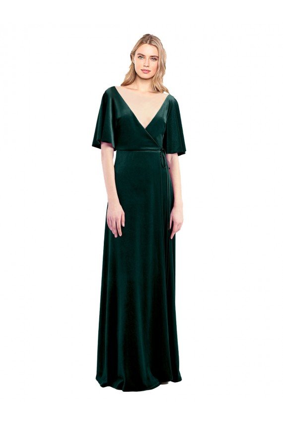 Best Deep V-Neck Flutter Sleeves Long Velvet Wrap Prom Dress UK