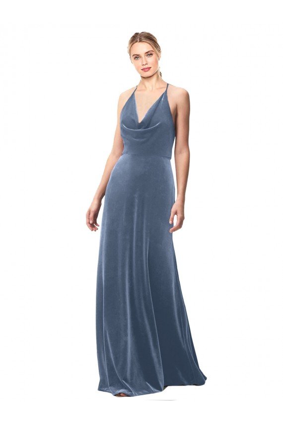 Best Halter Cowl Neck Long A-Line Velvet Prom Dress with Keyhole Back UK