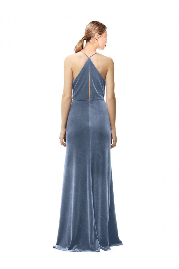 Best Halter Cowl Neck Long A-Line Velvet Prom Dress with Keyhole Back UK