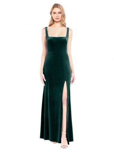 Best Square Neck Full Length Velvet Prom Dress with Side Slit UK