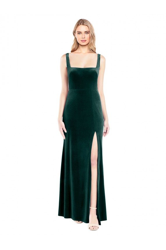 Best Square Neck Full Length Velvet Prom Dress with Side Slit UK