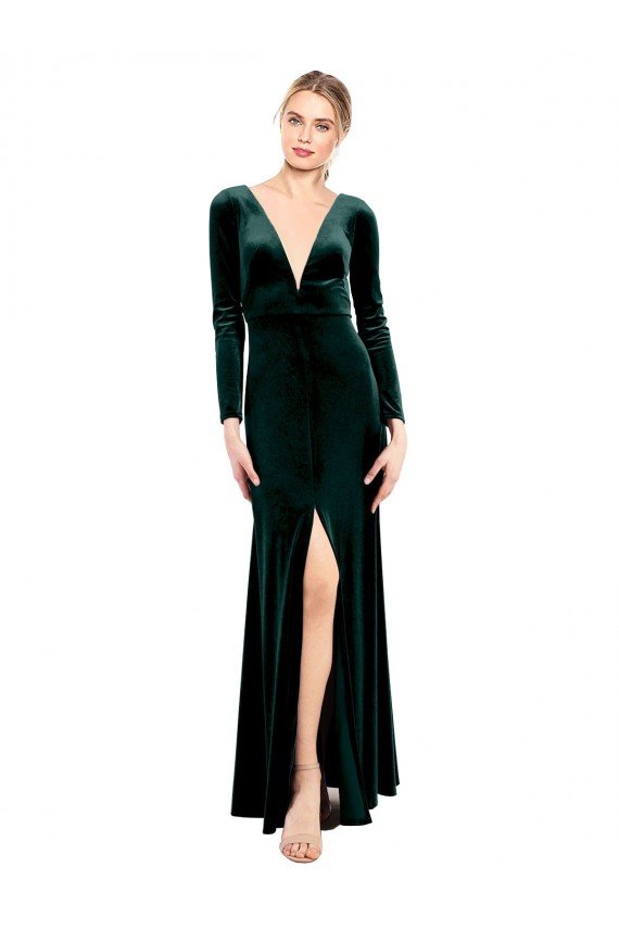 Best Plunging V-Neckline Long Sleeves Open Back Velvet Prom Dress UK