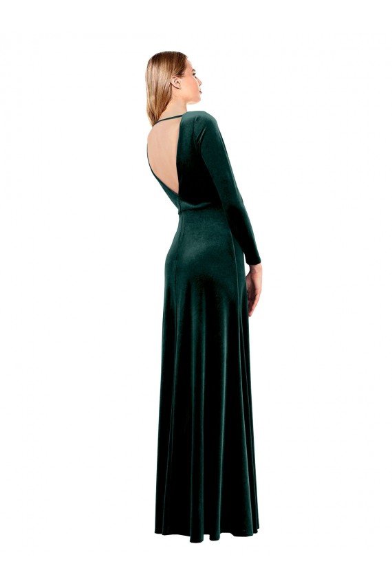 Best Plunging V-Neckline Long Sleeves Open Back Velvet Prom Dress UK