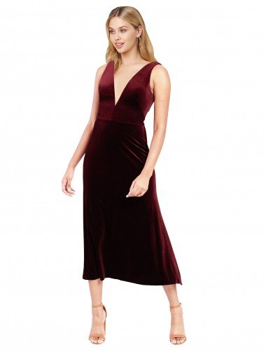 Best Daring Plunging V-Neckline Short Midi Length Velvet Cocktail Prom Dress / Homecoming Dress UK
