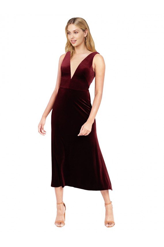Best Daring Plunging V-Neckline Short Midi Length Velvet Cocktail Prom Dress / Homecoming Dress UK