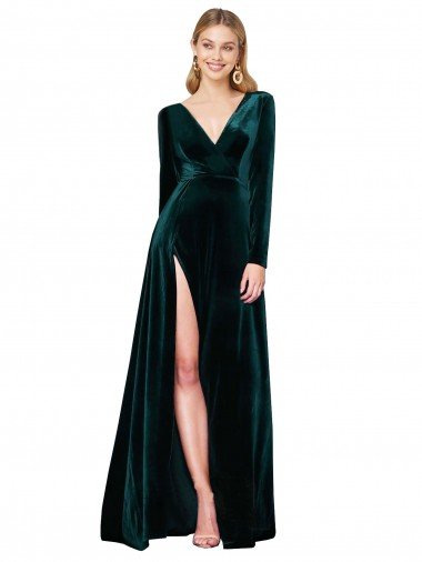 Best Deep V-Neck Long Sleeves Velvet Prom Dress with High Side Split UK