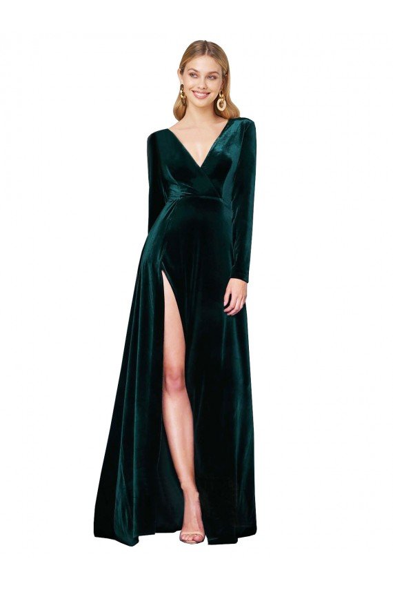 Best Deep V-Neck Long Sleeves Velvet Prom Dress with High Side Split UK
