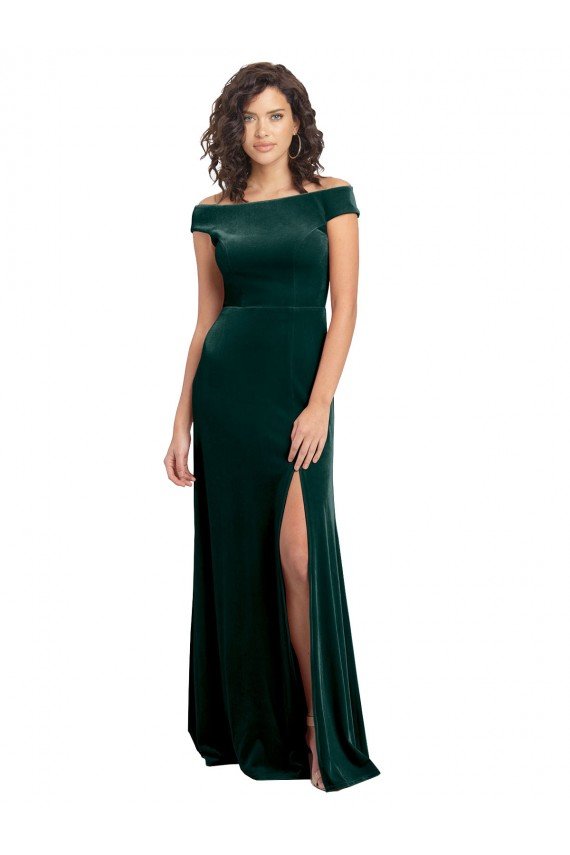 Best Floor Length Cap Sleeves Long Velvet Prom Dress with High Side Slit UK
