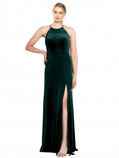 Best Long Jewel Neck Full Length Velvet Prom Dress with Side Slit UK