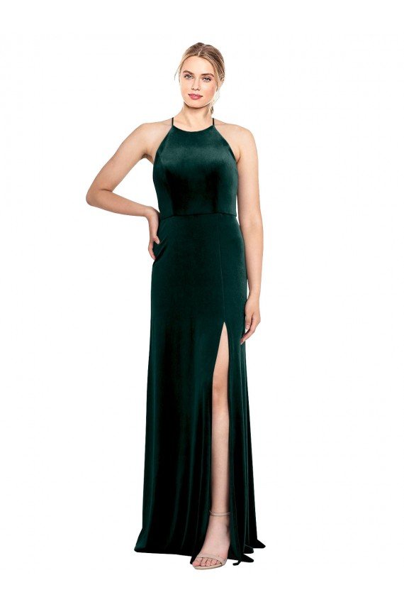 Best Long Jewel Neck Full Length Velvet Prom Dress with Side Slit UK