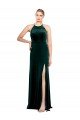 Best Long Jewel Neck Full Length Velvet Prom Dress with Side Slit UK
