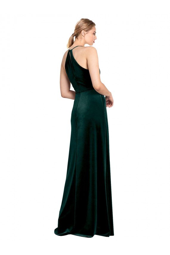 Best Long Jewel Neck Full Length Velvet Prom Dress with Side Slit UK