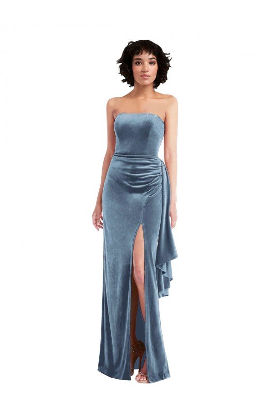 Best Strapless Velvet Maxi Prom Dress with Draped Skirt UK