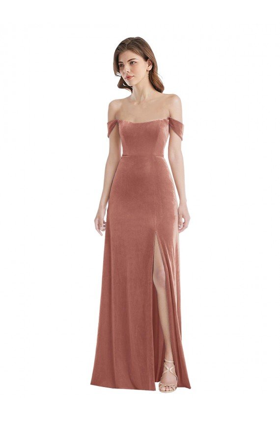 Best Off the Shoulder Flounce Sleeve Velvet Maxi Prom Dress & Pockets UK