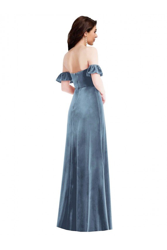 Best Ruffle Sleeve Off the Shoulder Velvet Maxi Prom Dress UK