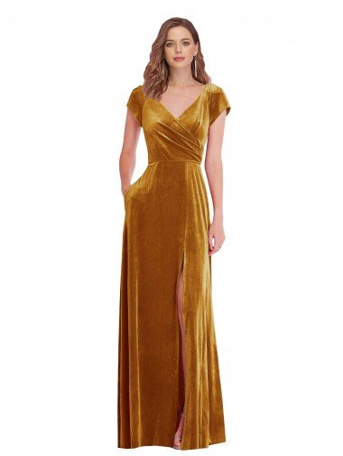 Best Cap Sleeve Faux Wrap Velvet Maxi Prom Dress with Pockets UK