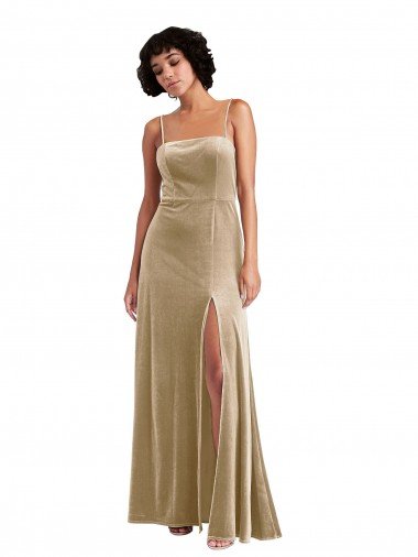 Best Square Neck Velvet Maxi Prom Dress with Front Slit & Pockets UK
