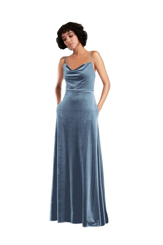 Best Sleek Cowl Neck Velvet Maxi Prom Dress with Pockets UK