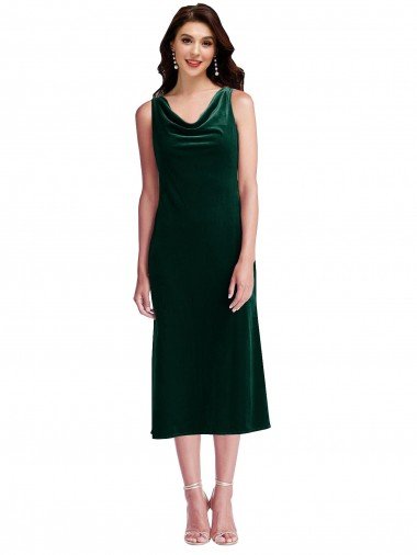 Best Cowl Neck Velvet Midi Length Cocktail Prom Dress / Homecoming Dress UK