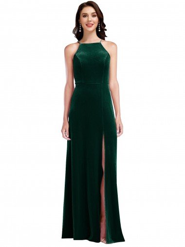 Best Velvet Halter Maxi Prom Dress with Front Slit & Pockets UK