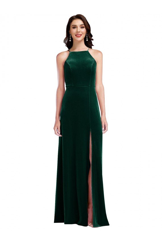 Best Velvet Halter Maxi Prom Dress with Front Slit & Pockets UK