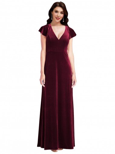 Best Flutter Sleeve Velvet Maxi Prom Dress with Pockets UK